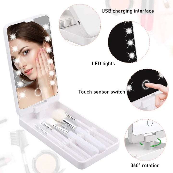 Set Brochas Maquillaje Con Espejo Led