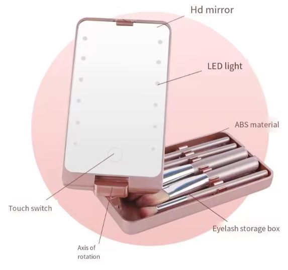 Set Brochas Maquillaje Con Espejo Led