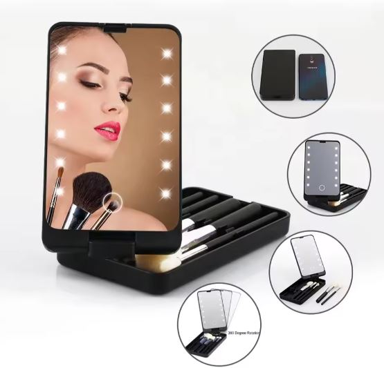 Set Brochas Maquillaje Con Espejo Led